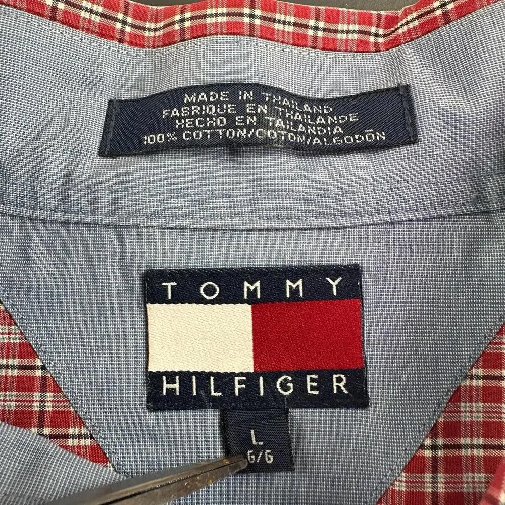VTG Tommy Hilfiger Dress Shirt Mens Large Micro Check Red Black  Short Sleeve - Picture 2 of 6